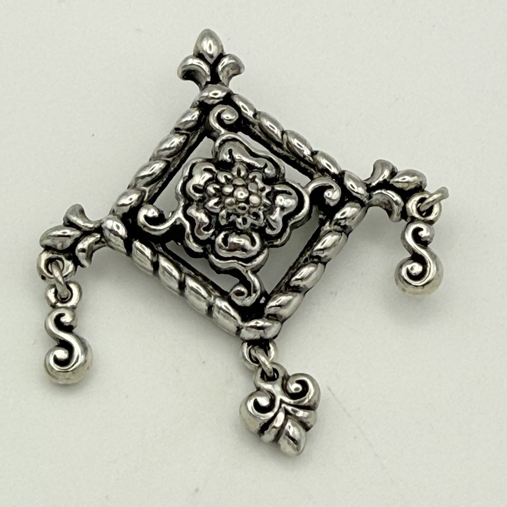 Brighton Silver Tone Brooch Diamond Shape Fleur de Lis Flower Dangle Charm Pin